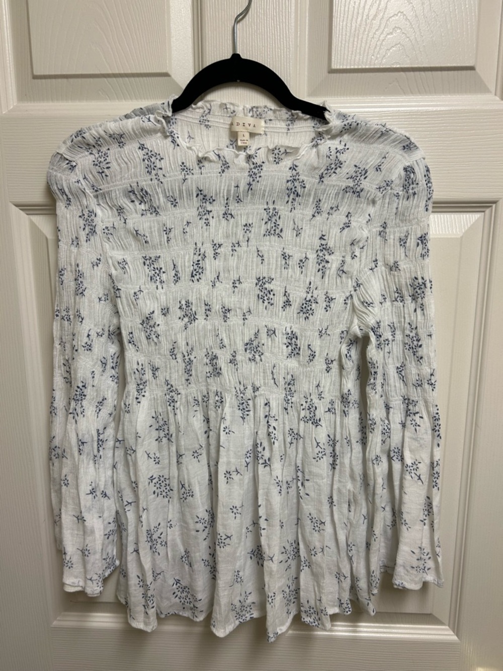 Cute White Top with Navy Floral Print and Smocked Bodice